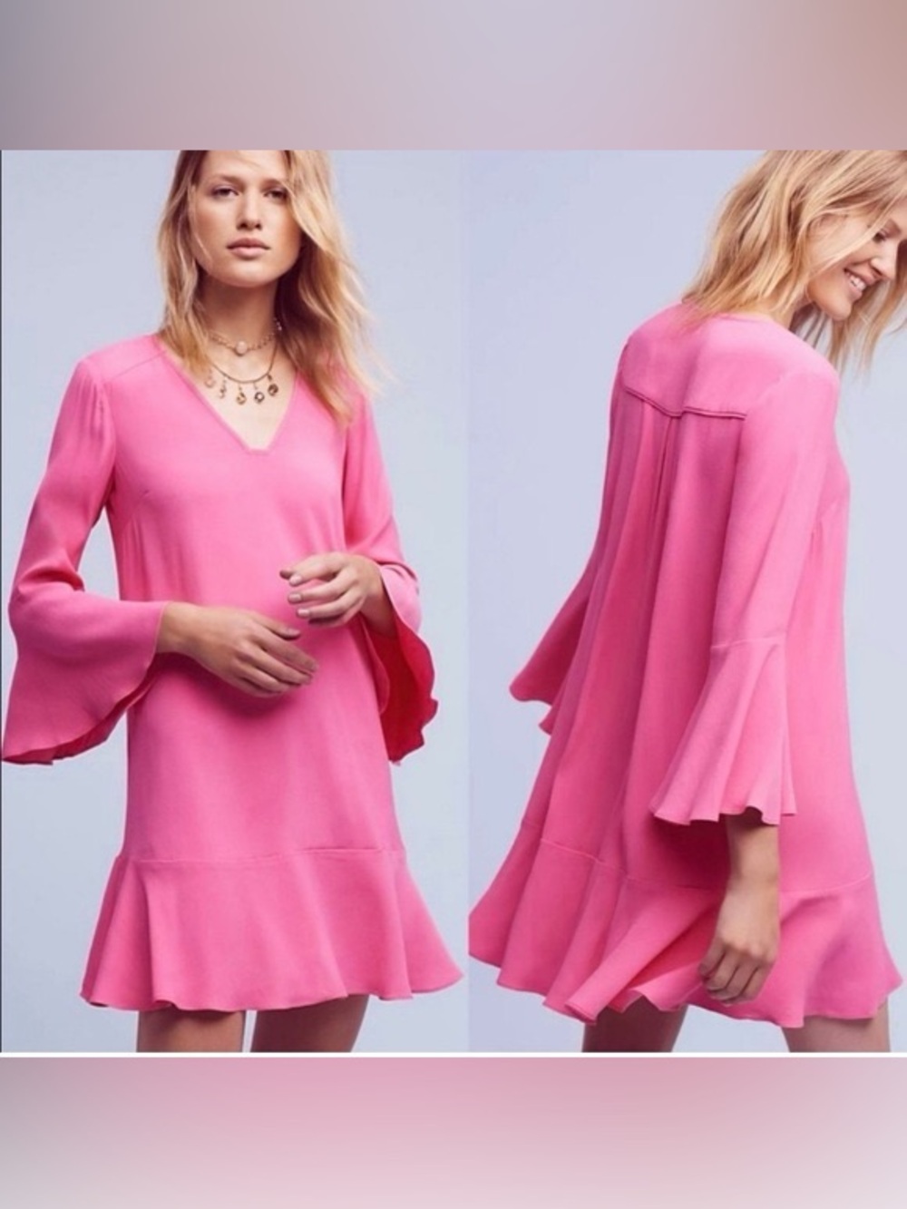 Anthropologie Hot Pink V-Neck Ruffle Hem Dress